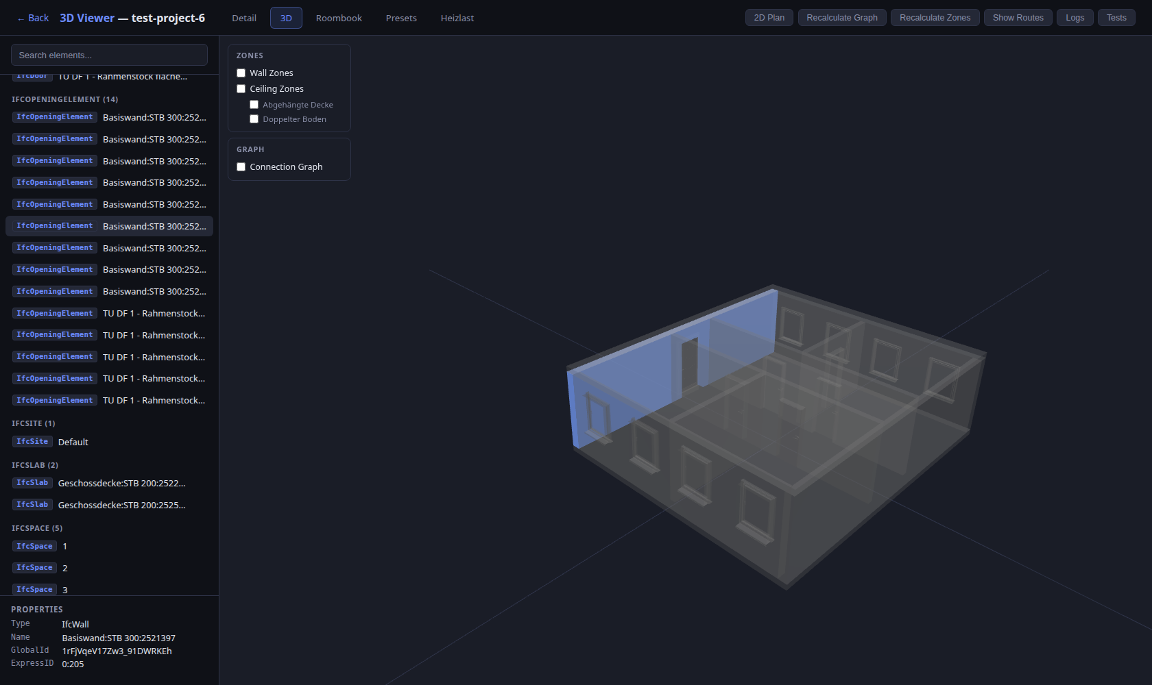 3D view with a highlighted wall selected from the Heizlast row