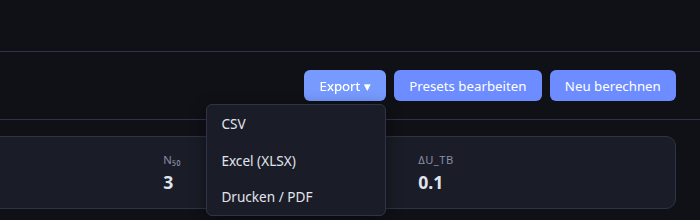 Heizlast export dropdown: CSV, Excel (XLSX), Drucken/PDF