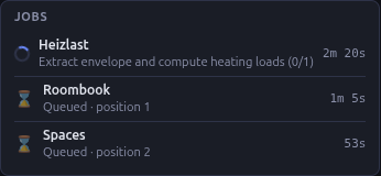 Job monitor on the Heizlast tab — one job running, two done