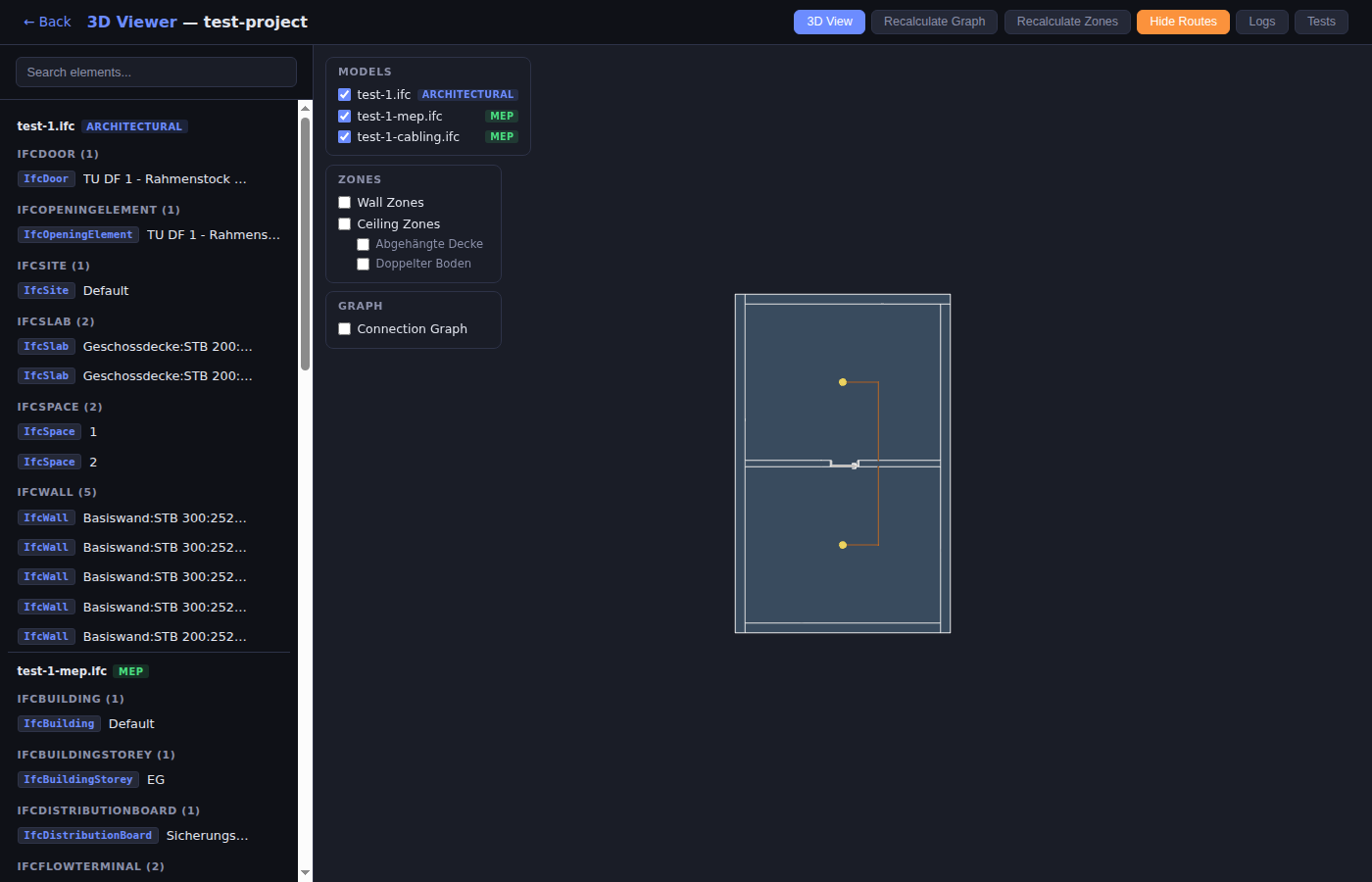 MEP cable routes in 2D plan view