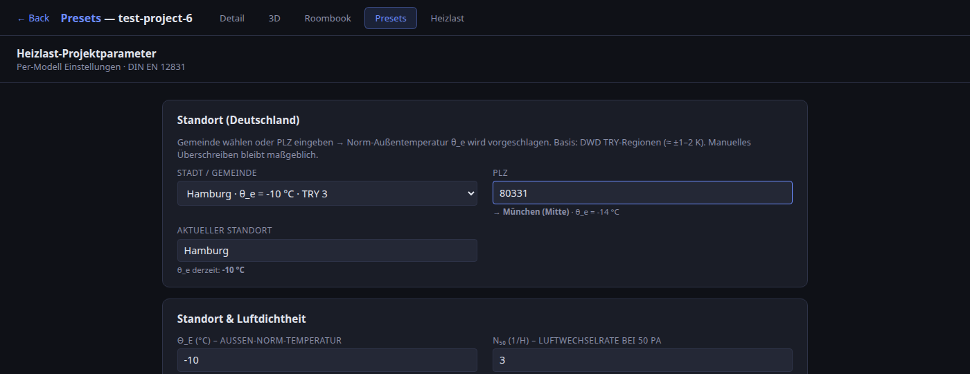 Presets Standort card: city dropdown + PLZ autofill for θ_e