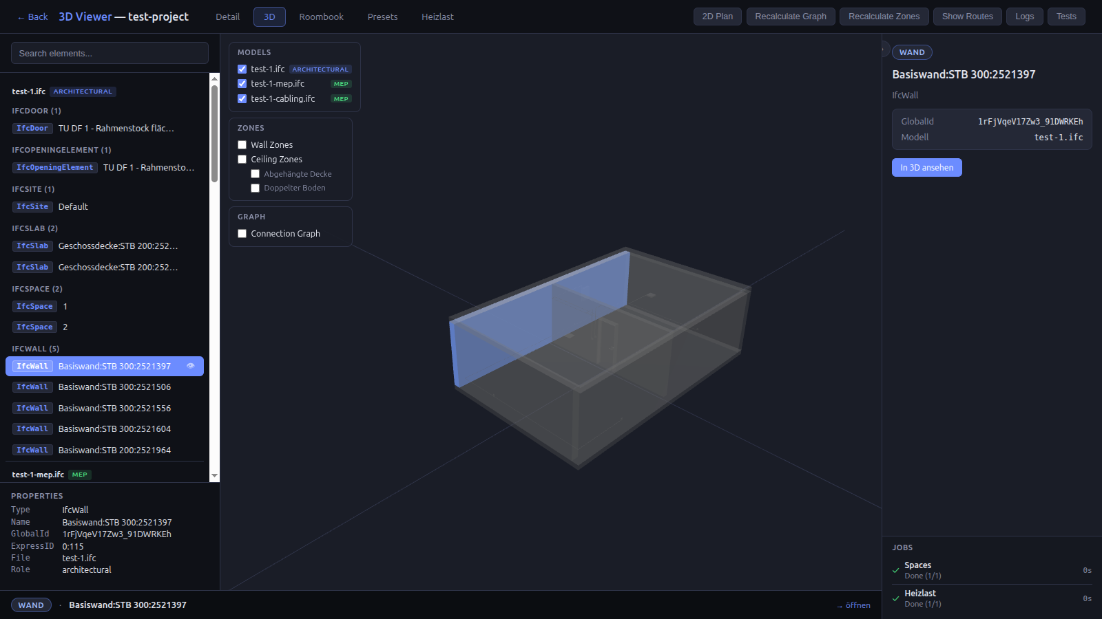 3D view with wall selected — Inspector shows pset data, ribbon shows breadcrumb